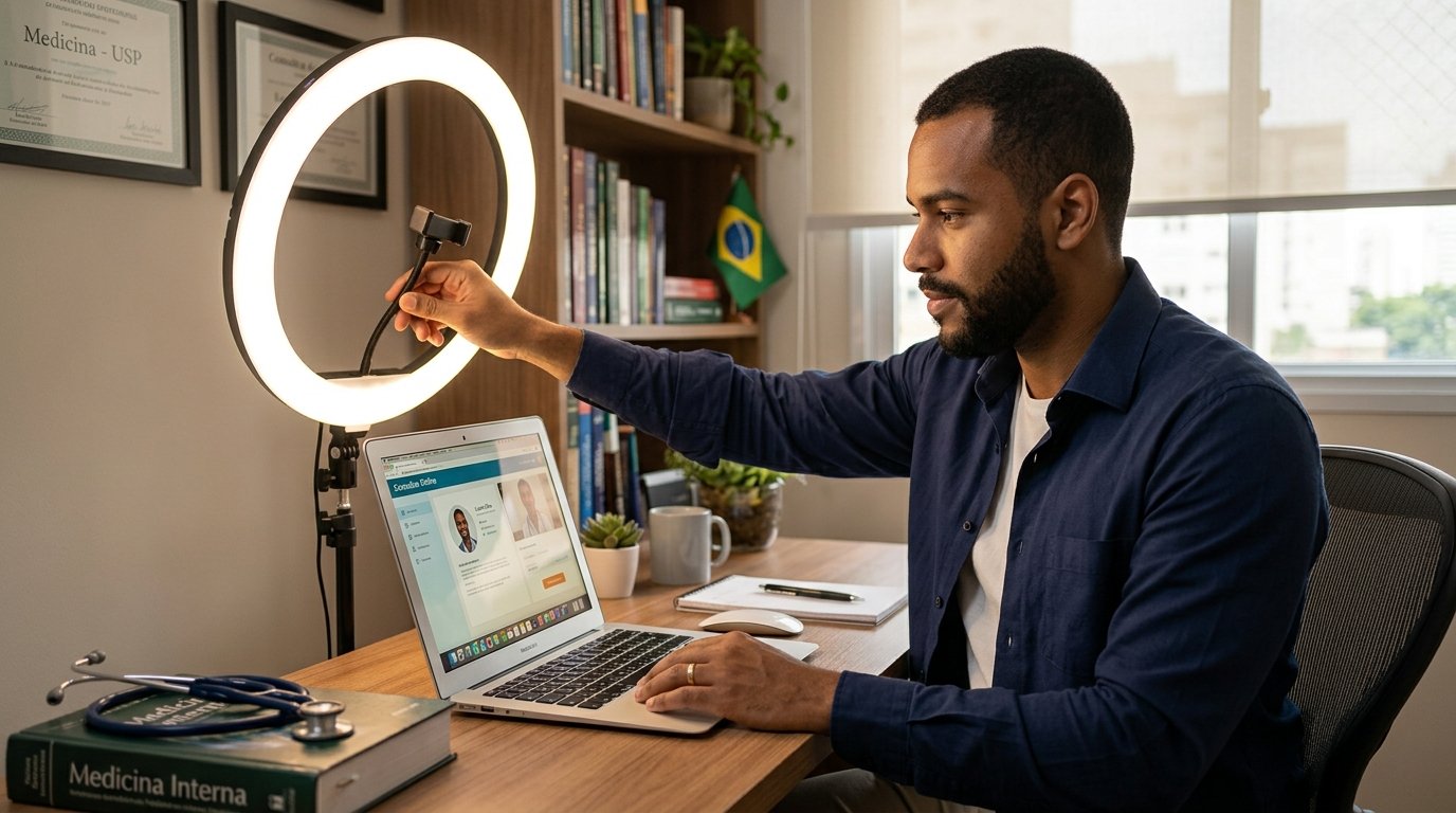 Profissional de saúde ajustando a iluminação do computador para uma teleconsulta, demonstrando cuidado com a imagem digital.