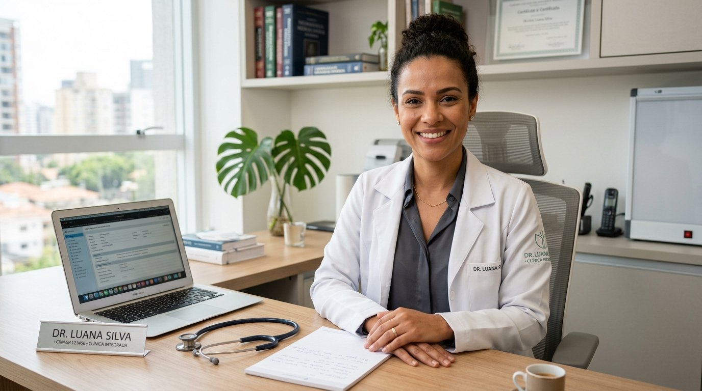 Médica brasileira sorrindo com confiança em seu consultório, transmitindo credibilidade através da imagem pessoal.