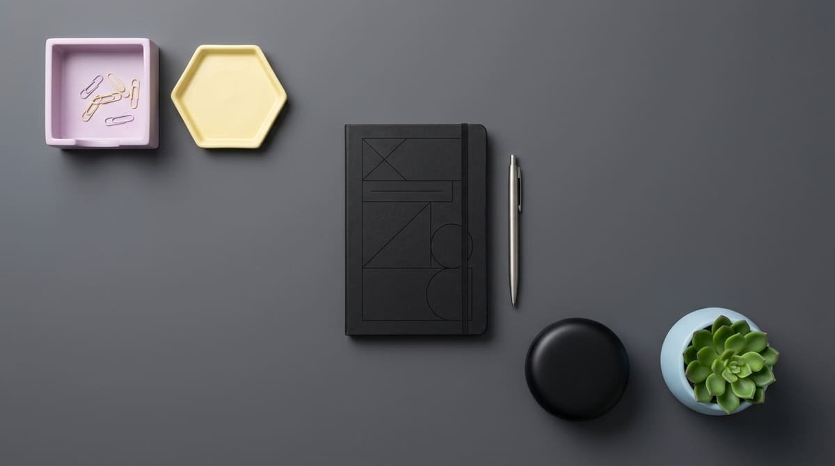 Mesa vista de cima com um caderno preto, caneta metálica e um dispositivo de assistente virtual inteligente.