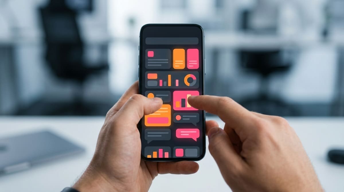 Mãos segurando um celular com uma interface digital abstrata e brilhante na tela em um escritório desfocado.