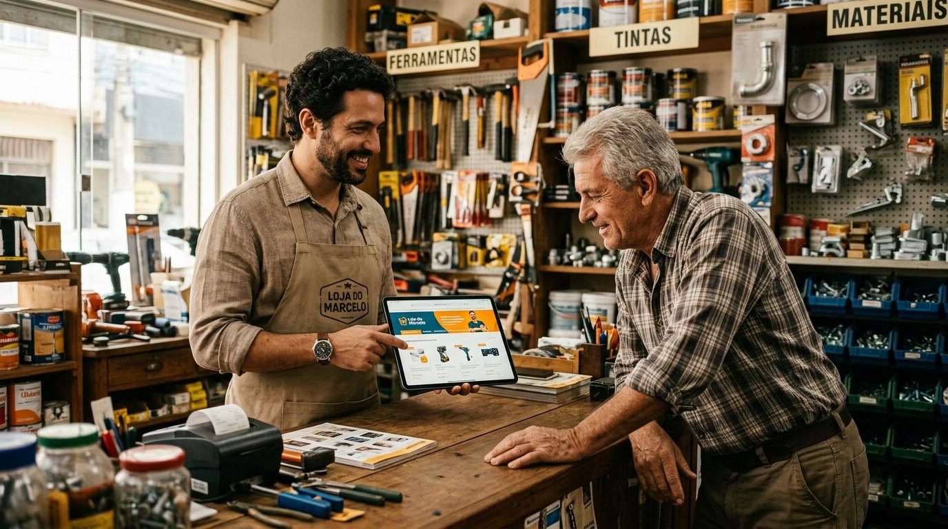 Empreendedor de serviços locais apresentando o layout rápido de sua landing page em um tablet para um cliente que está no balcão da loja.