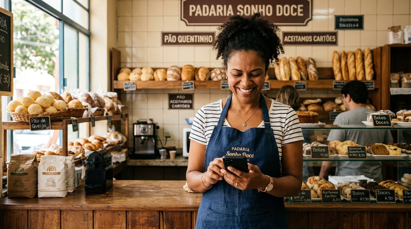 Dona de um pequeno negócio local sorrindo e verificando métricas na tela de um smartphone moderno, em um ambiente bem iluminado.