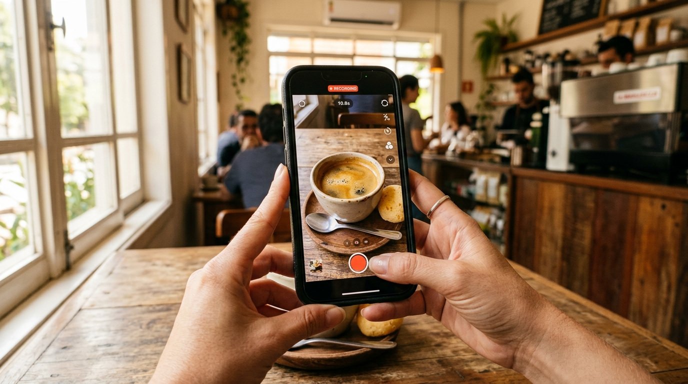 Detalhe das mãos de um dono de pequeno negócio em Salvador gravando um vídeo com o celular para o Instagram.