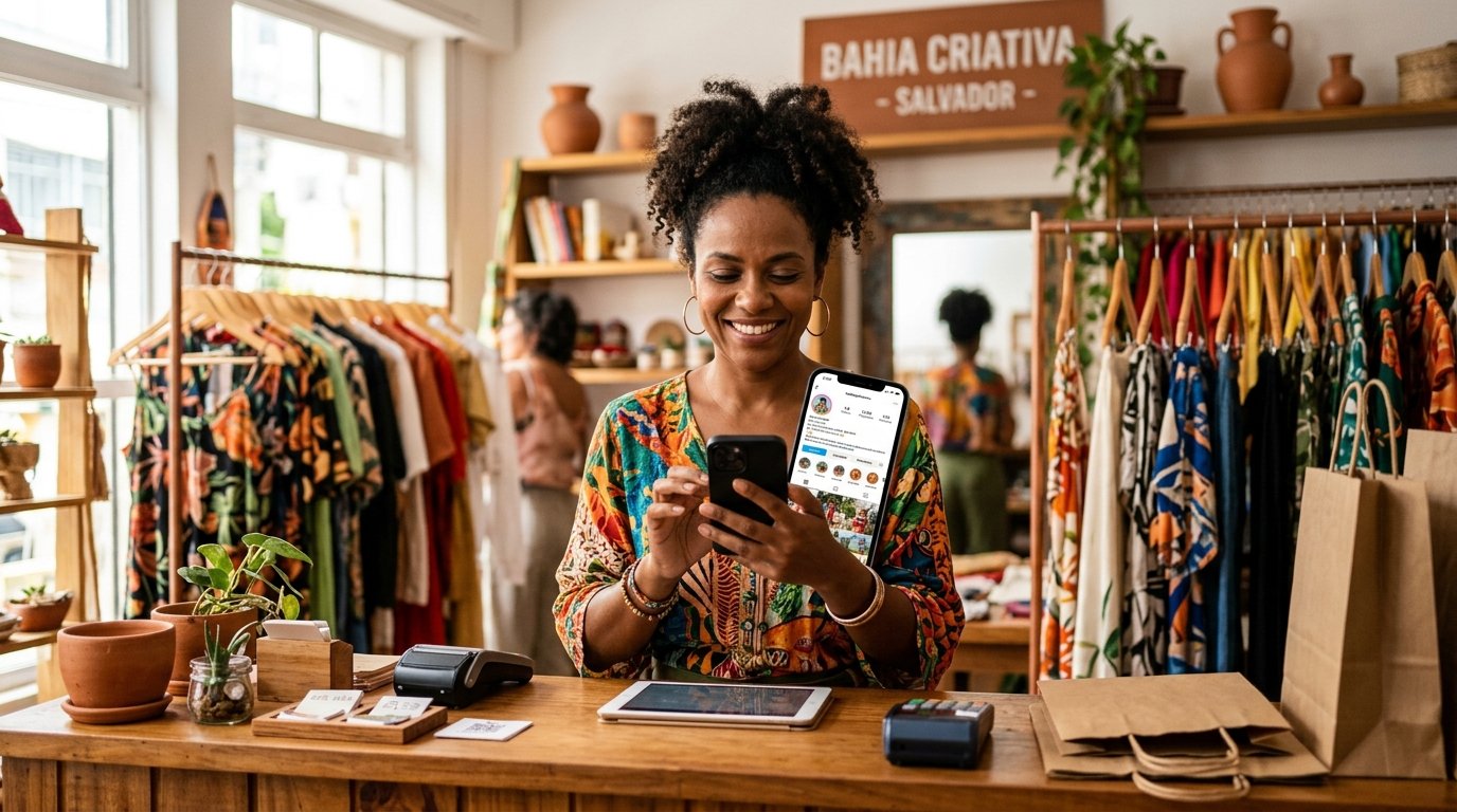 Foto de uma empreendedora sorridente usando o celular no balcão de sua pequena loja em Salvador.