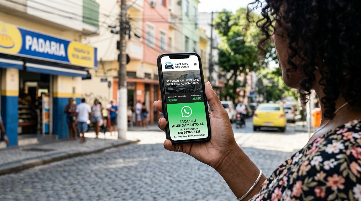 Cliente utilizando o celular para buscar serviços locais no Google, com foco em uma tela otimizada com botão de contato direto.