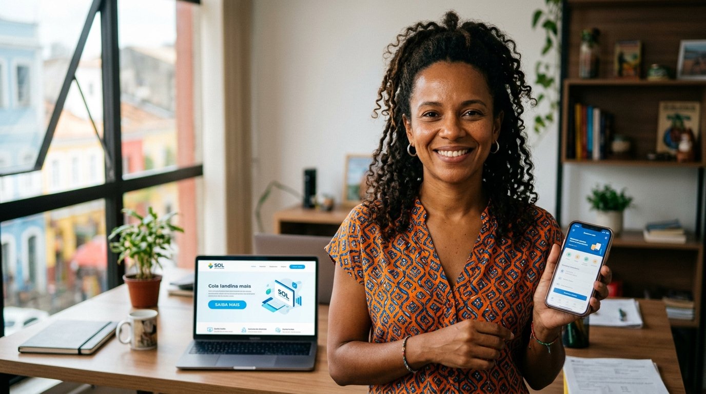 Empreendedora de um pequeno negócio em Salvador segurando um smartphone e sorrindo, com uma landing page focada em conversão na tela do computador ao fundo.