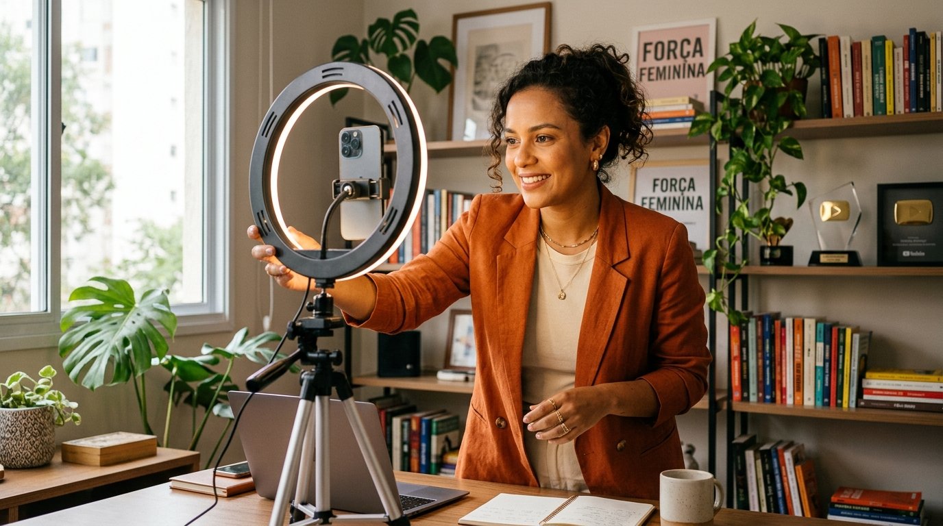 Mulher empreendedora brasileira ajustando iluminação antes de gravar vídeo com smartphone em seu home office, transmitindo presença digital autêntica.