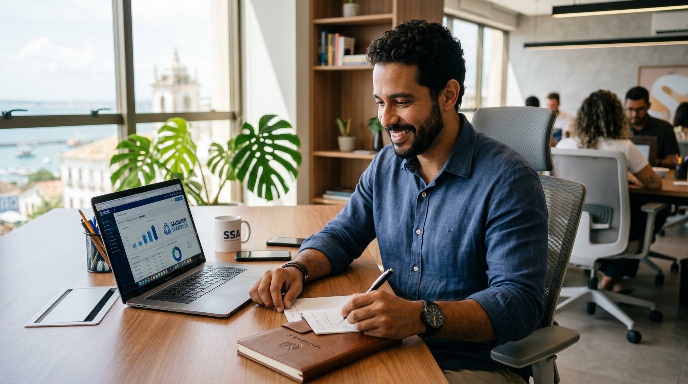 Empreendedor brasileiro focado trabalhando no notebook em um escritório moderno, refletindo autoridade e imagem pessoal estratégica.