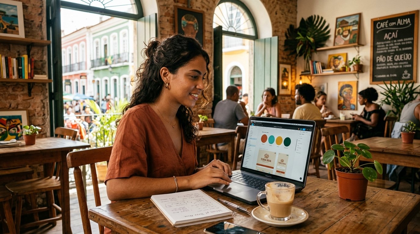 Empreendedora trabalhando na identidade visual do seu pequeno negócio pelo notebook em uma mesa de café.