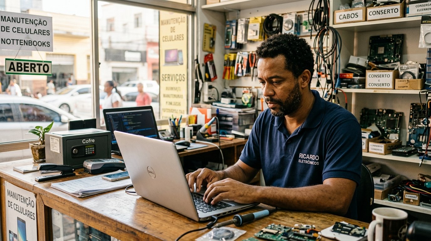 Proprietário de uma pequena loja de serviços no Brasil ajustando o site em um notebook moderno no balcão de atendimento.