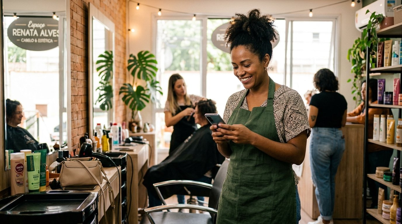 Dona de um pequeno salão de beleza no Brasil olhando sorridente para o celular enquanto confere a ficha da sua empresa no Google Maps.