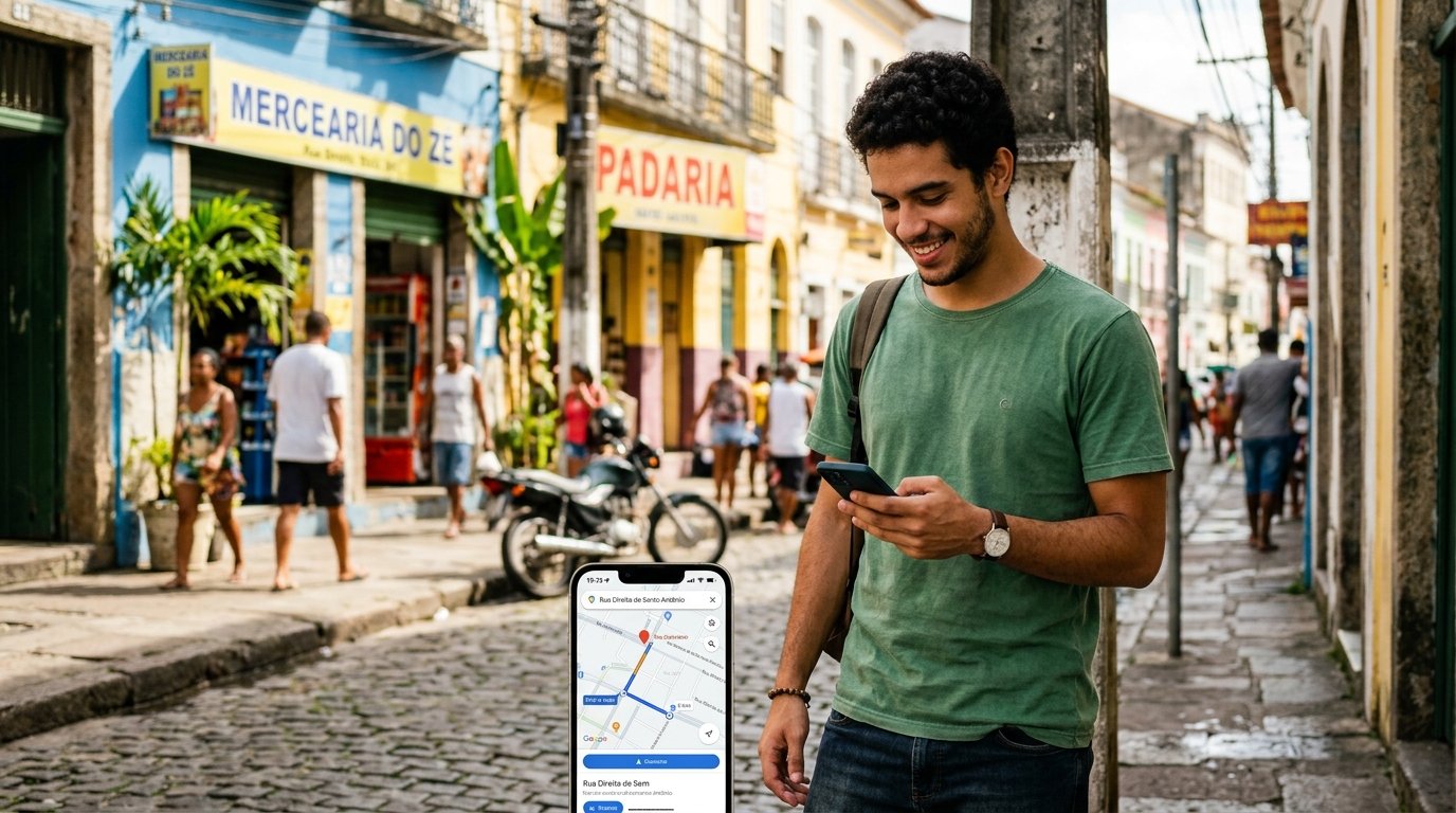 Homem jovem andando em uma rua comercial do Brasil olhando para a tela do smartphone com um mapa aberto, procurando um estabelecimento local.
