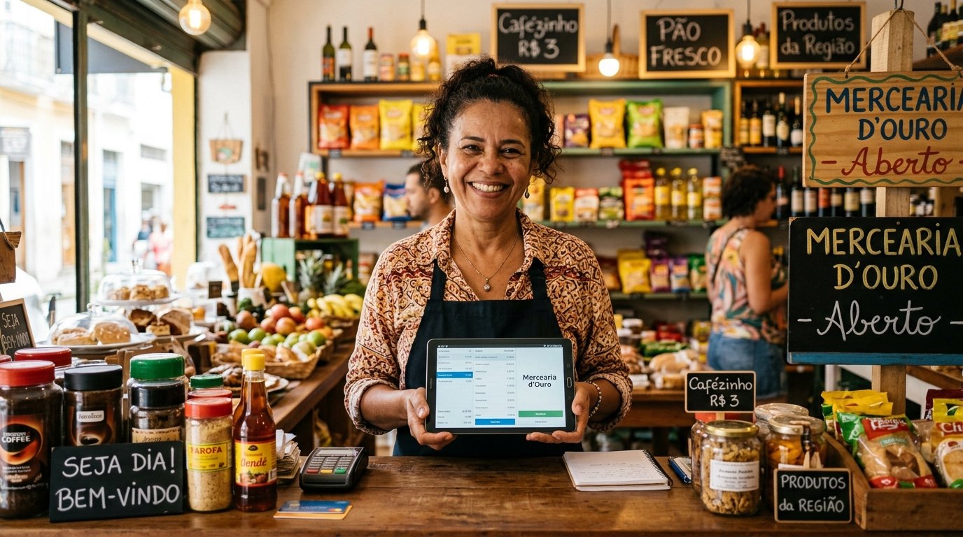 Dona de um pequeno negócio no Brasil, uma mulher adulta sorrindo e utilizando um tablet no balcão de atendimento de sua loja física bem iluminada.