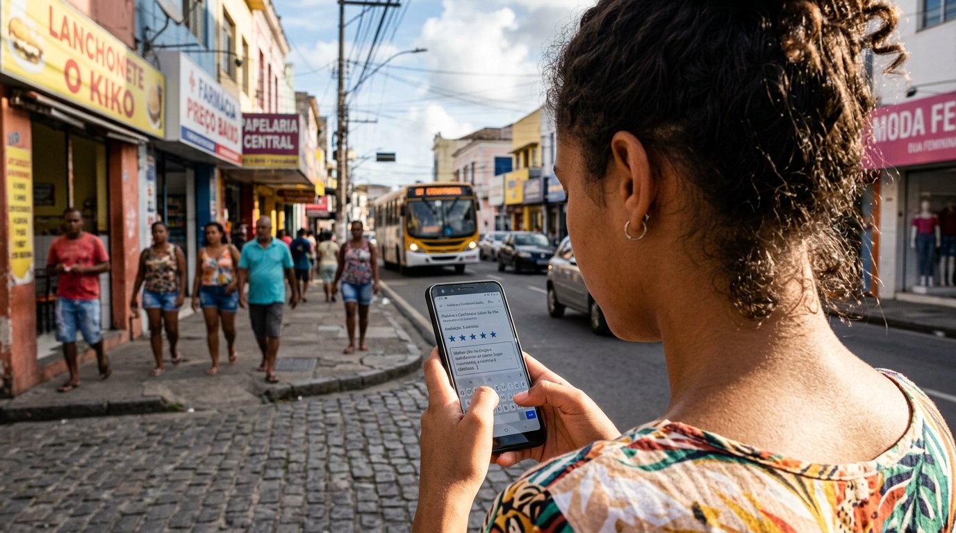 Mulher jovem segurando uma sacola de loja local e sorrindo enquanto escreve uma avaliação de cinco estrelas no celular na calçada.