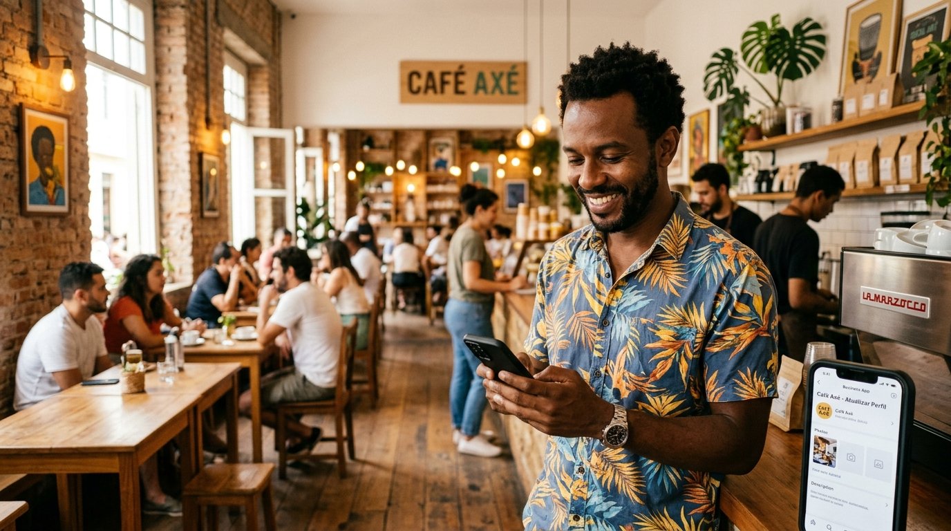 Dono de um pequeno negócio local em Salvador sorrindo enquanto atualiza as informações do perfil da empresa no smartphone.