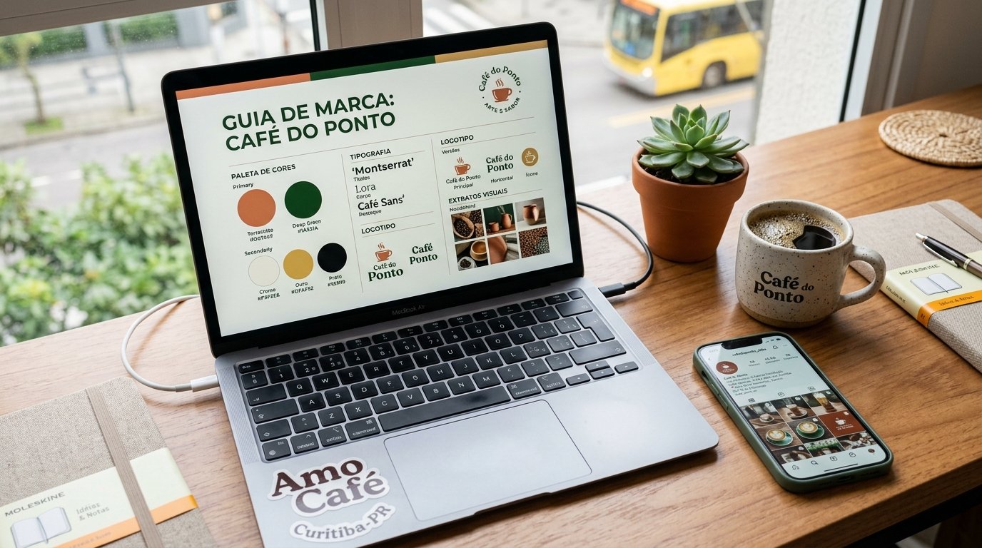 Tela de um laptop exibindo o manual de identidade visual de uma marca profissional, ao lado de um smartphone mostrando o perfil harmonioso do Instagram de um pequeno negócio.