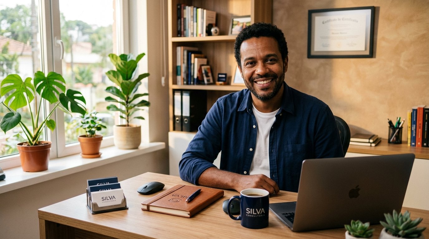 Microempreendedor autônomo sorrindo no escritório em casa, com mesa organizada exibindo cartão de visitas, caneca e materiais com design corporativo e identidade visual consistente.