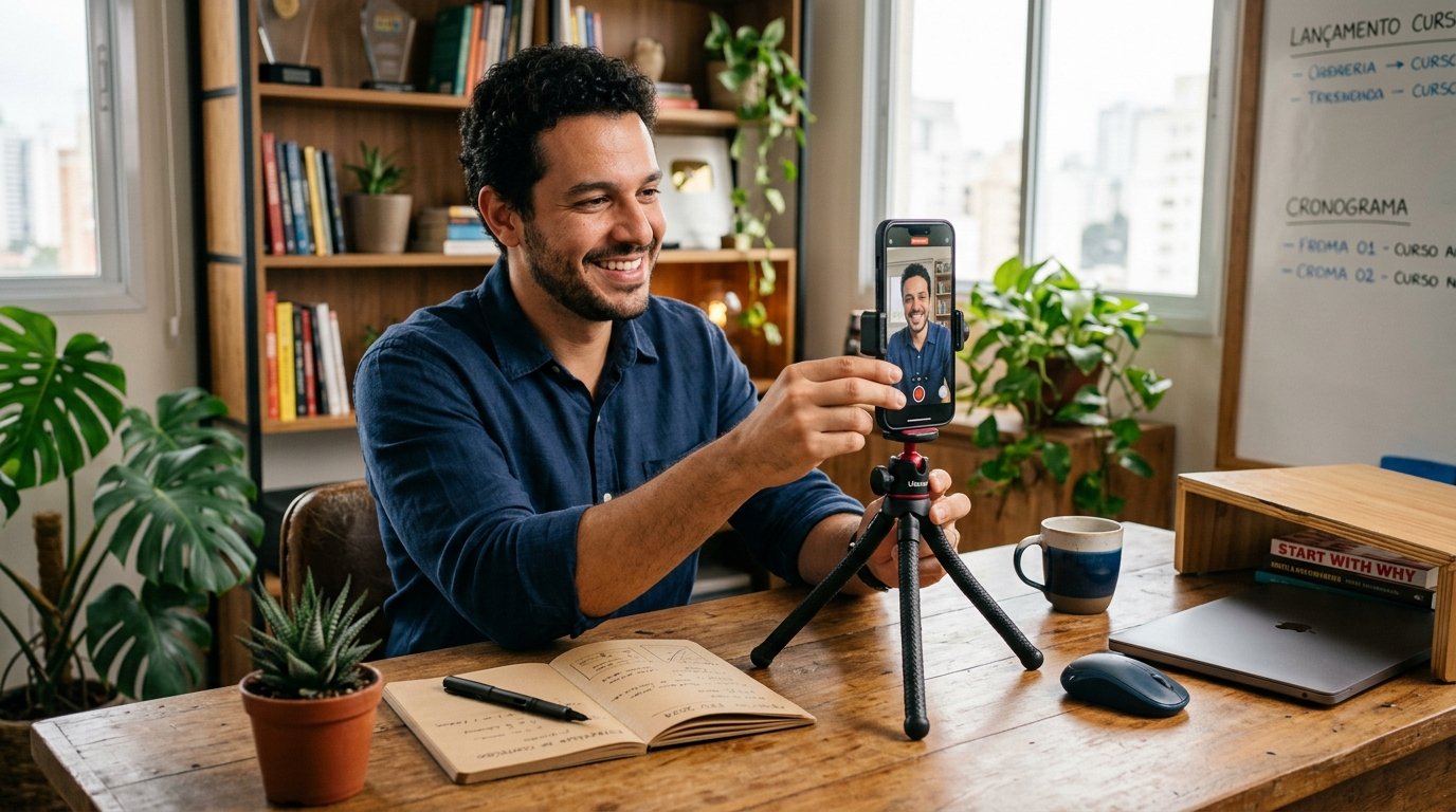 Detalhe de um pequeno empreendedor ajustando a câmera do smartphone no tripé em sua mesa de escritório para gravar um vídeo institucional para as redes sociais.