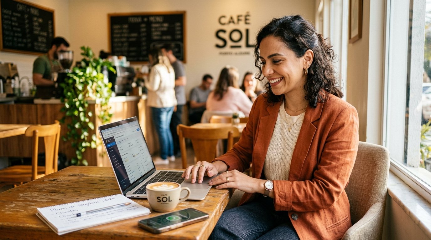 Empreendedora brasileira trabalhando em seu notebook em um ambiente iluminado, sorrindo e transmitindo confiança profissional e autenticidade digital.