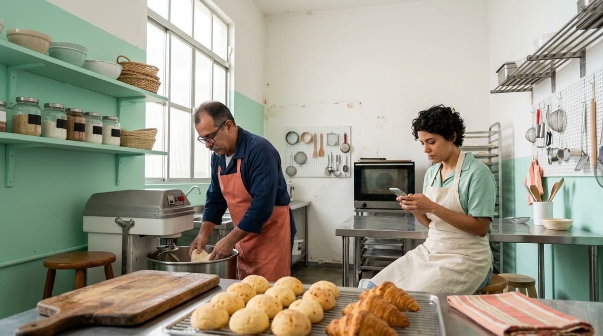 Empreendedora focada em uma cozinha artesanal bem iluminada, digitando no celular enquanto gerencia os pedidos do dia.