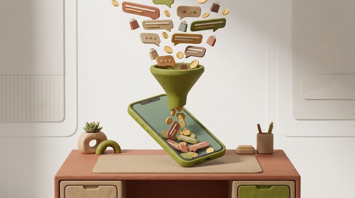 Diorama 3D mostrando um celular funcionando como funil, com balões de mensagem e moedas caindo na tela de forma organizada.