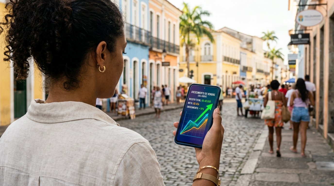 Empreendedor baiano segurando um smartphone e vendo o Perfil da Empresa no Google crescer em visitas orgânicas