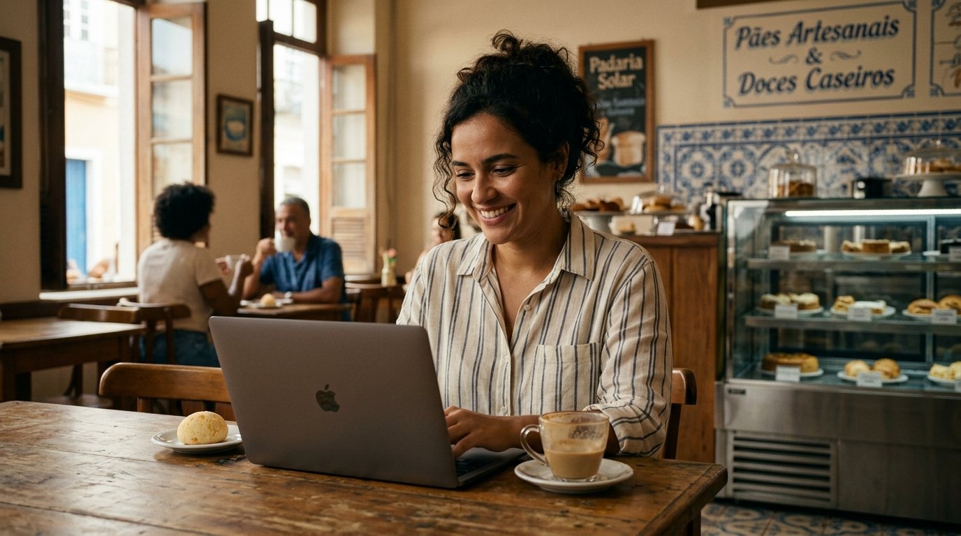 Dona de um pequeno negócio em Salvador analisando uma landing page otimizada em seu notebook