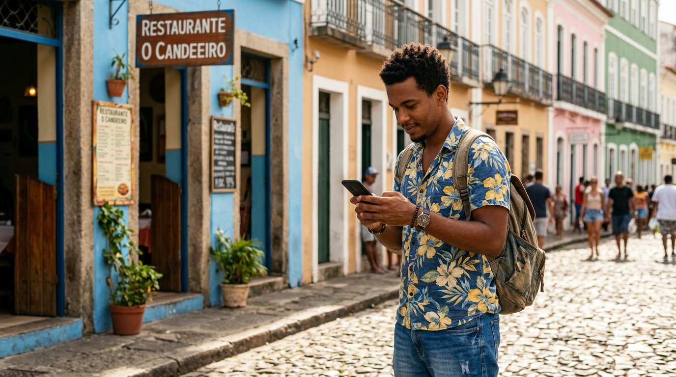 Cliente baiano pesquisando um restaurante local no celular pelas ruas de Salvador.