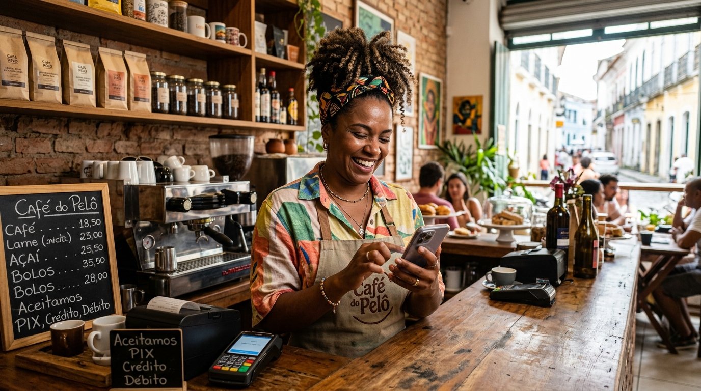 Dona de pequeno negócio em Salvador atualizando o Google Meu Negócio pelo celular.