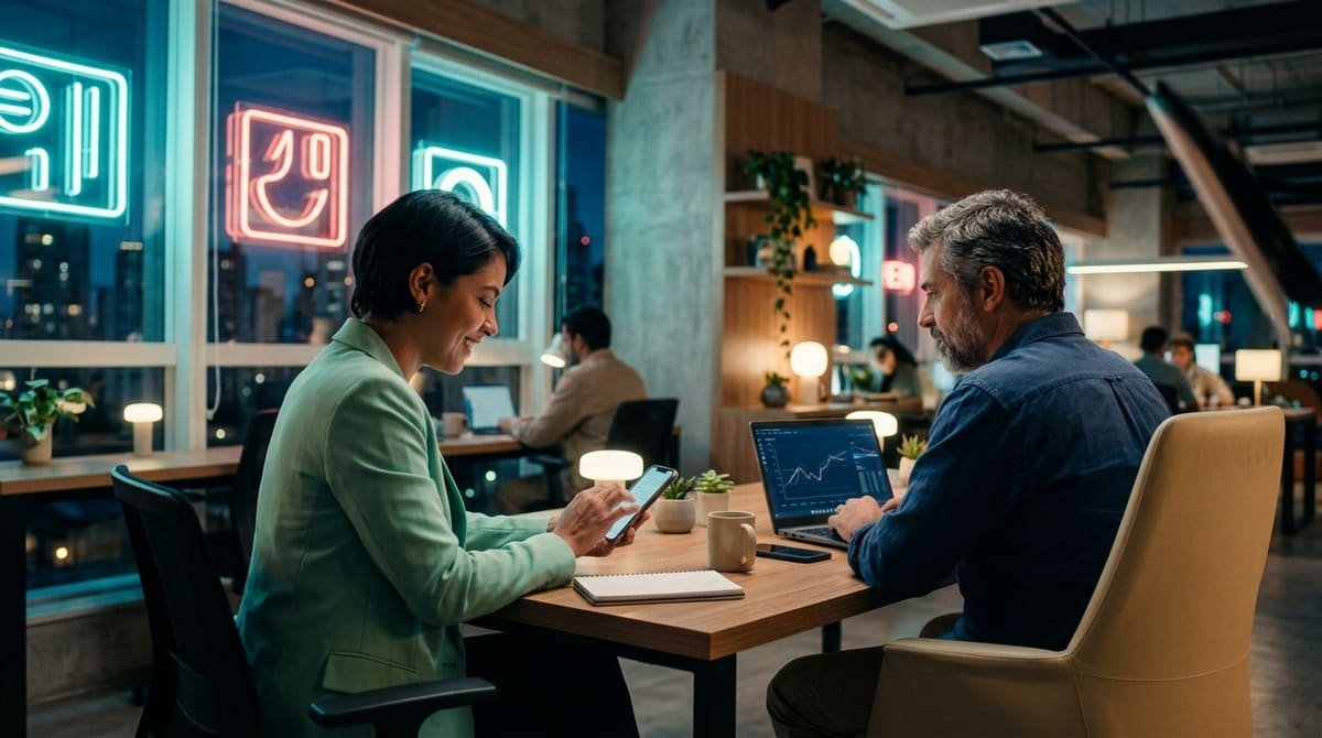 Empreendedor digitando sorridente no celular à noite em um ambiente moderno com luzes de neon e luminárias práticas.
