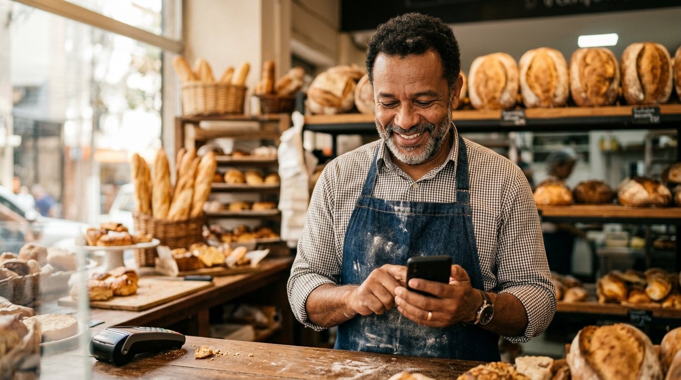 Homem dono de pequeno negócio respondendo comentários no celular, sorrindo e anotando pedidos.