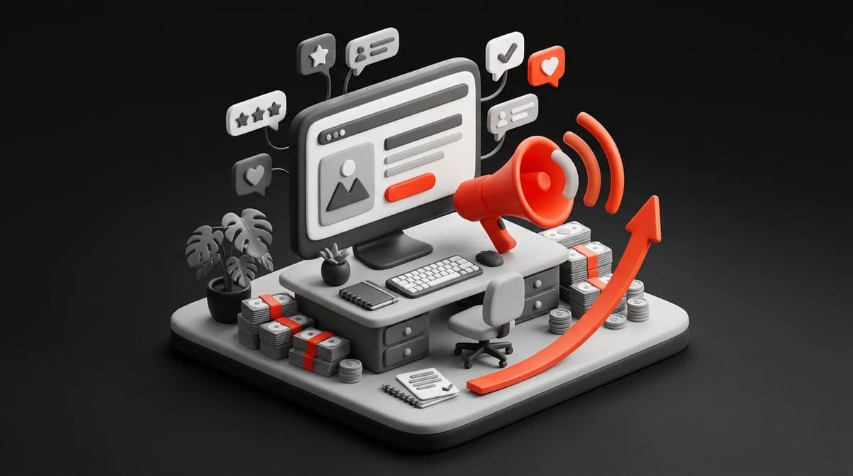 Diorama isométrico de um empresário olhando uma landing page com copy persuasiva, cercado por elementos que representam…