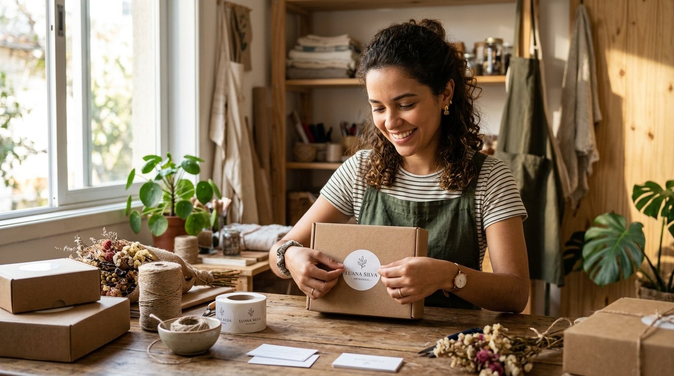 Empreendedora brasileira ajustando a embalagem de papel kraft do seu pequeno negócio com um logotipo minimalista recém-aplicado.
