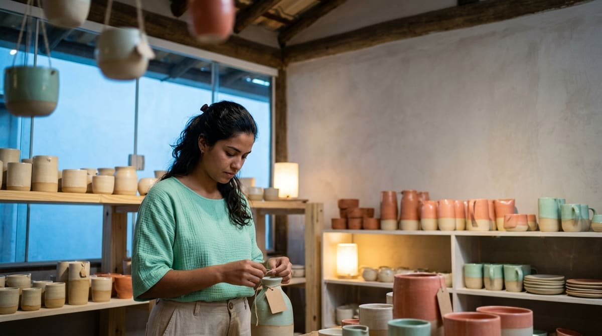 Empreendedora organizando vasos e etiquetas em uma loja de cerâmica iluminada.