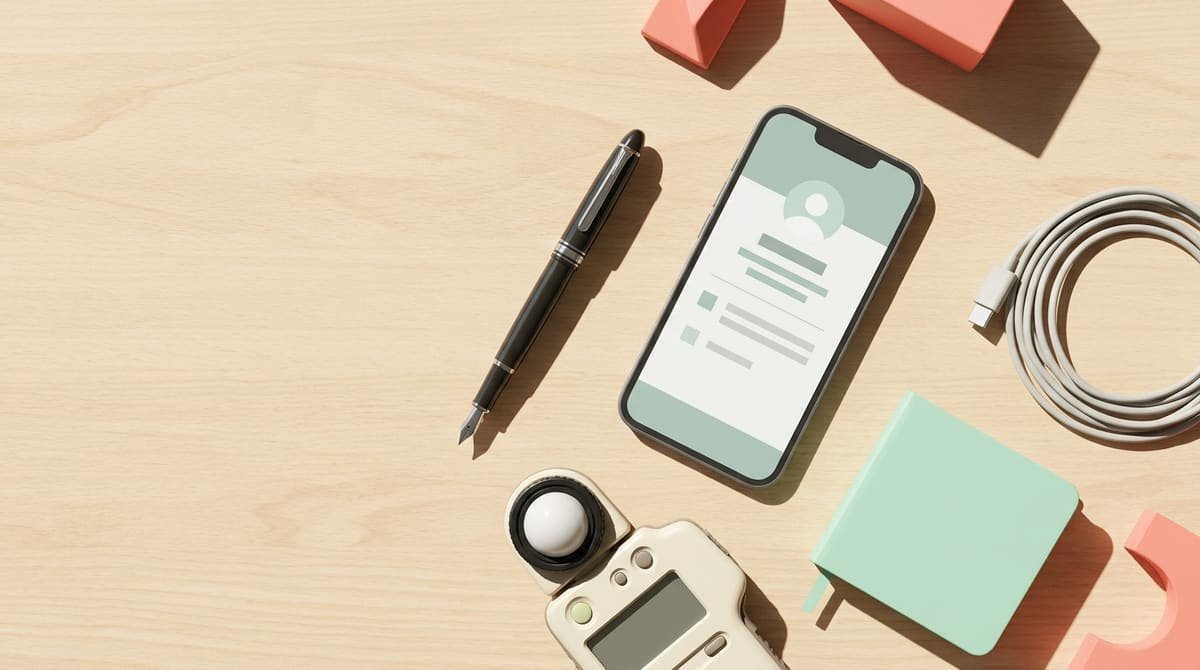 Celular, caneta-tinteiro e fotômetro profissional organizados sobre uma mesa de madeira.