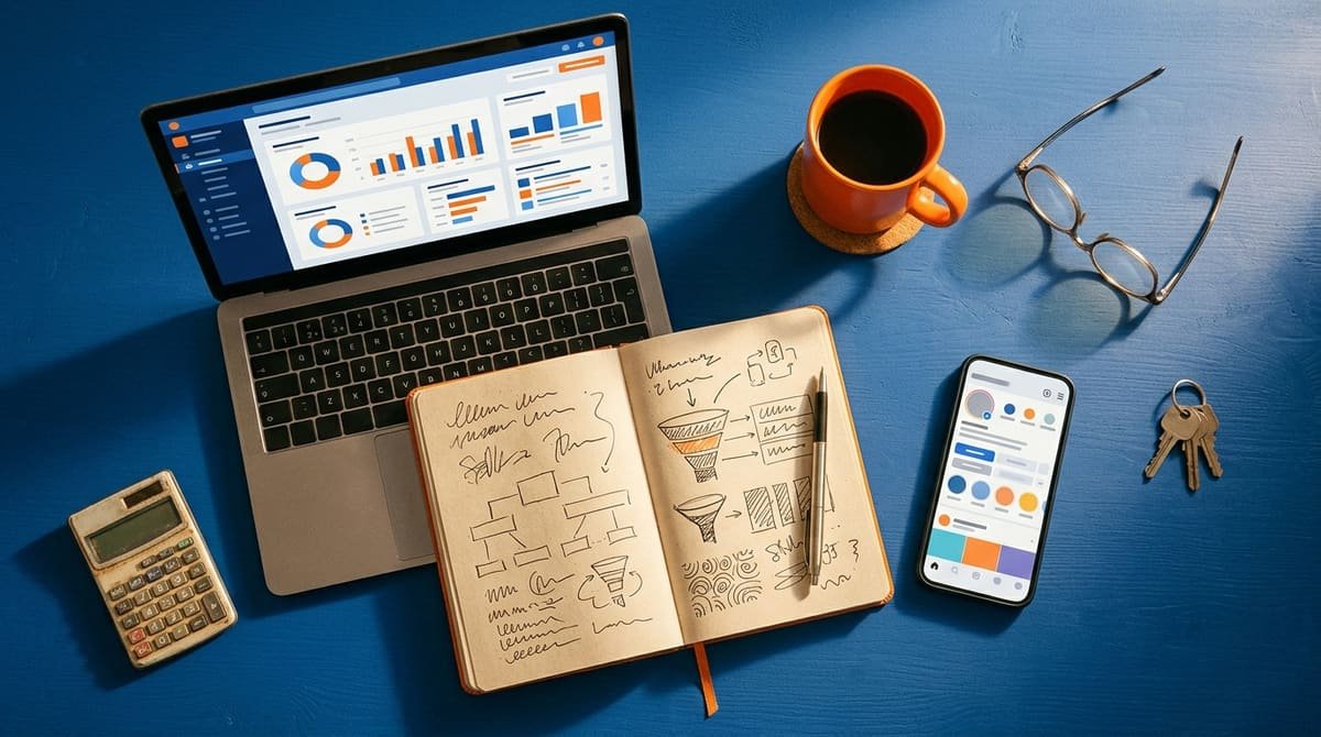 Mesa com laptop exibindo métricas de redes sociais, caderno de anotações, caneta e smartphone, simbolizando análise de dados.