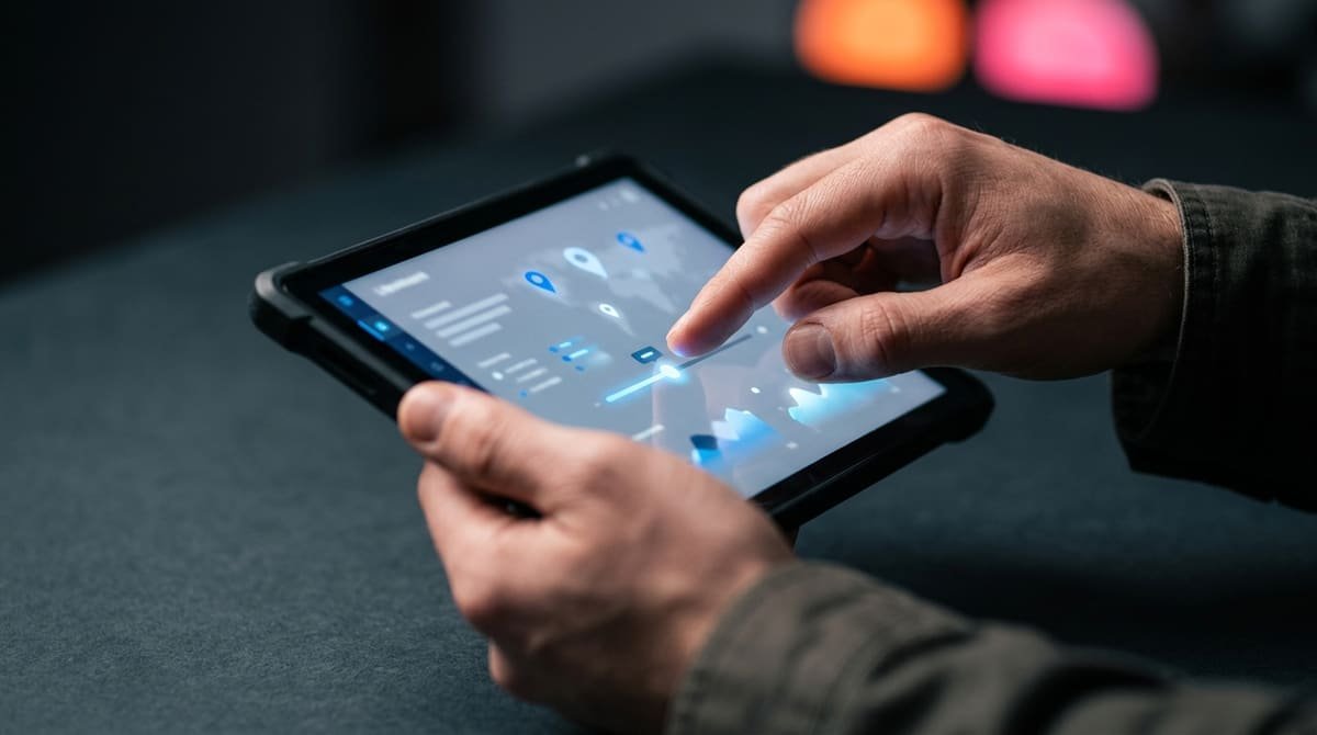 Mãos operando um tablet com controles digitais e pontos de localização em destaque, em um ambiente de fundo desfocado.