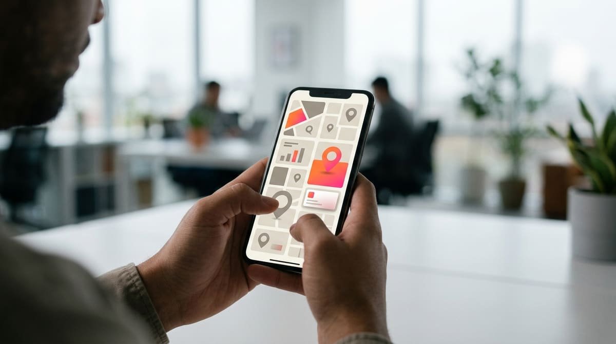 Mãos segurando um smartphone com interface de mapa e blocos abstratos na tela, com um ambiente de escritório ao fundo.