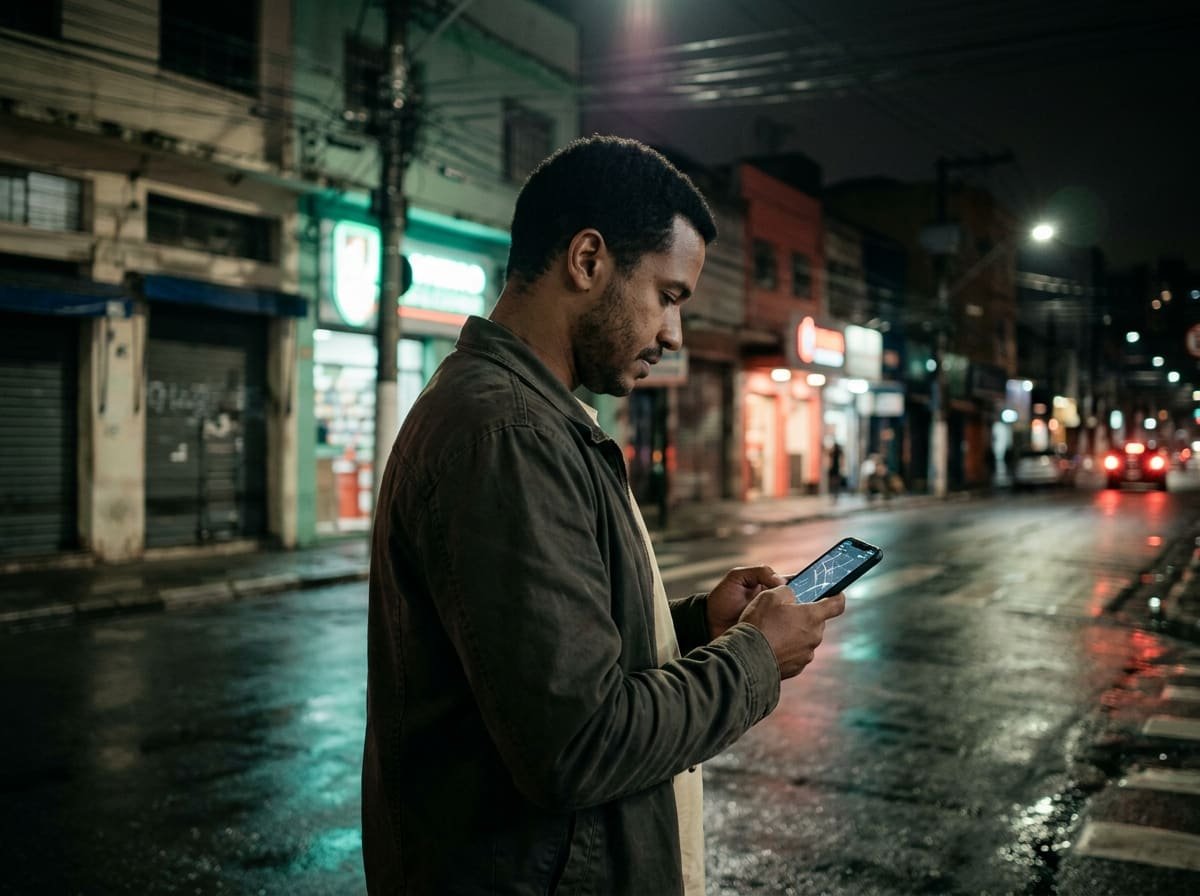 Empreendedor focado na tela do celular, consultando mapa digital em rua de bairro à noite, com luzes neon refletidas.