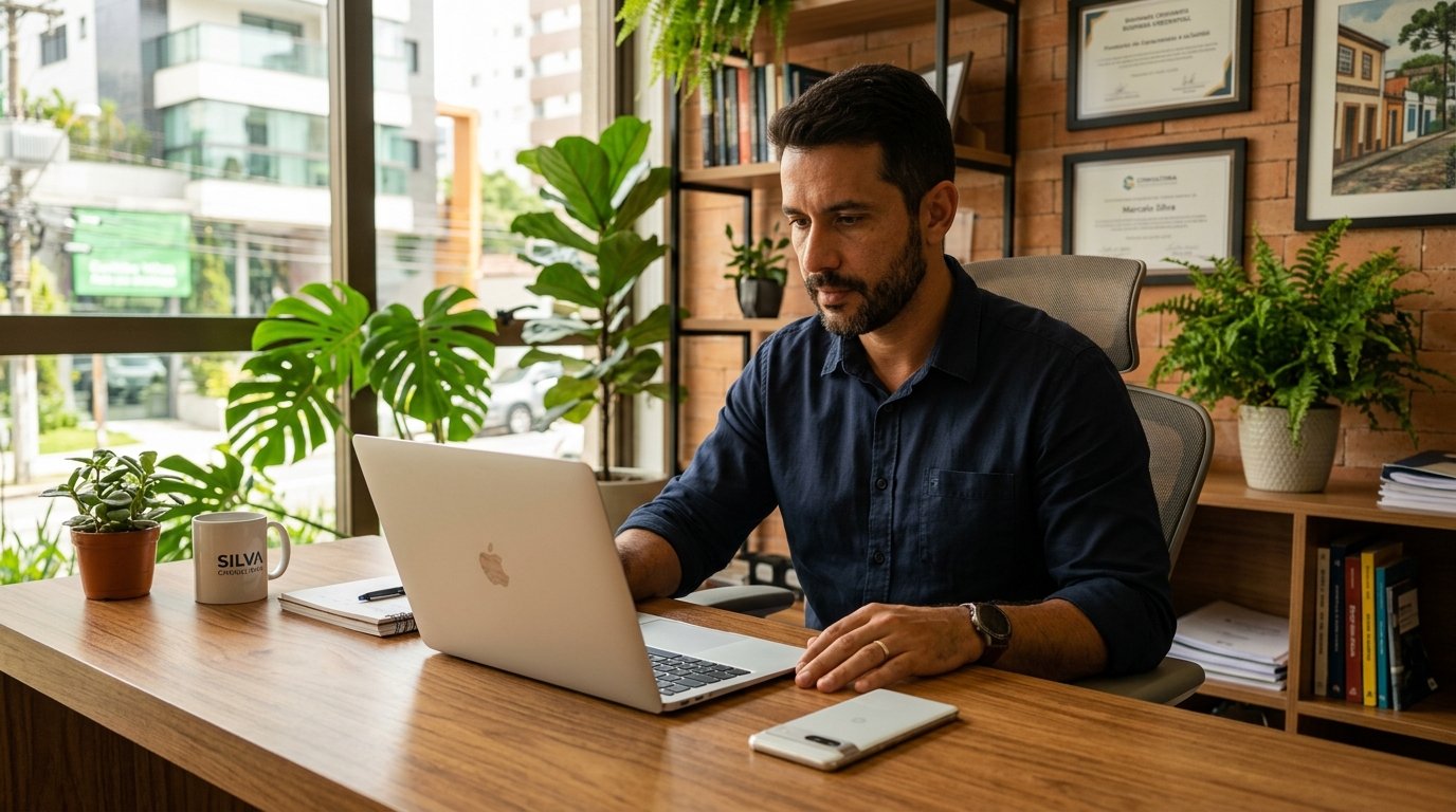 Empreendedor brasileiro respondendo clientes pelo WhatsApp no notebook dentro do seu escritório de consultoria.