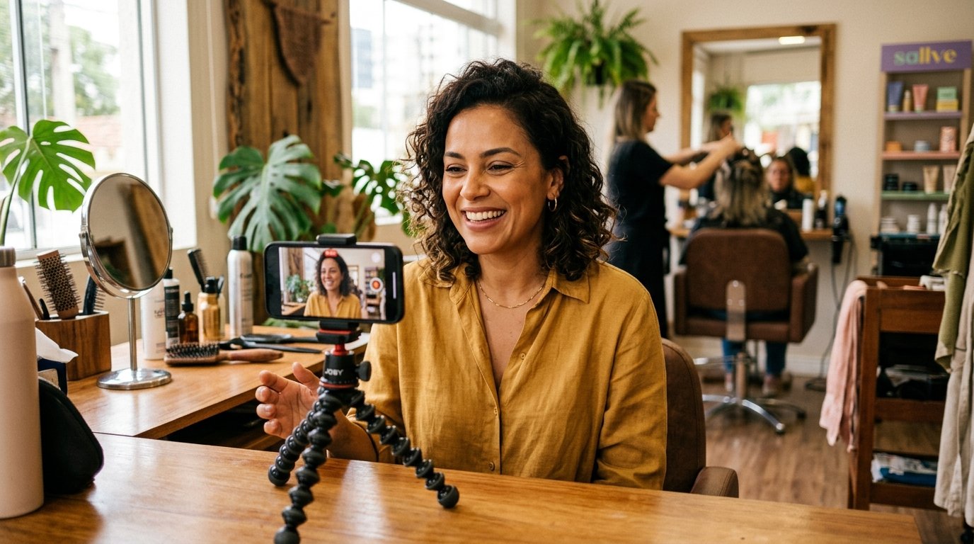 Dona de um salão de beleza sorrindo enquanto grava um vídeo no celular mostrando os bastidores do seu pequeno negócio no Brasil.