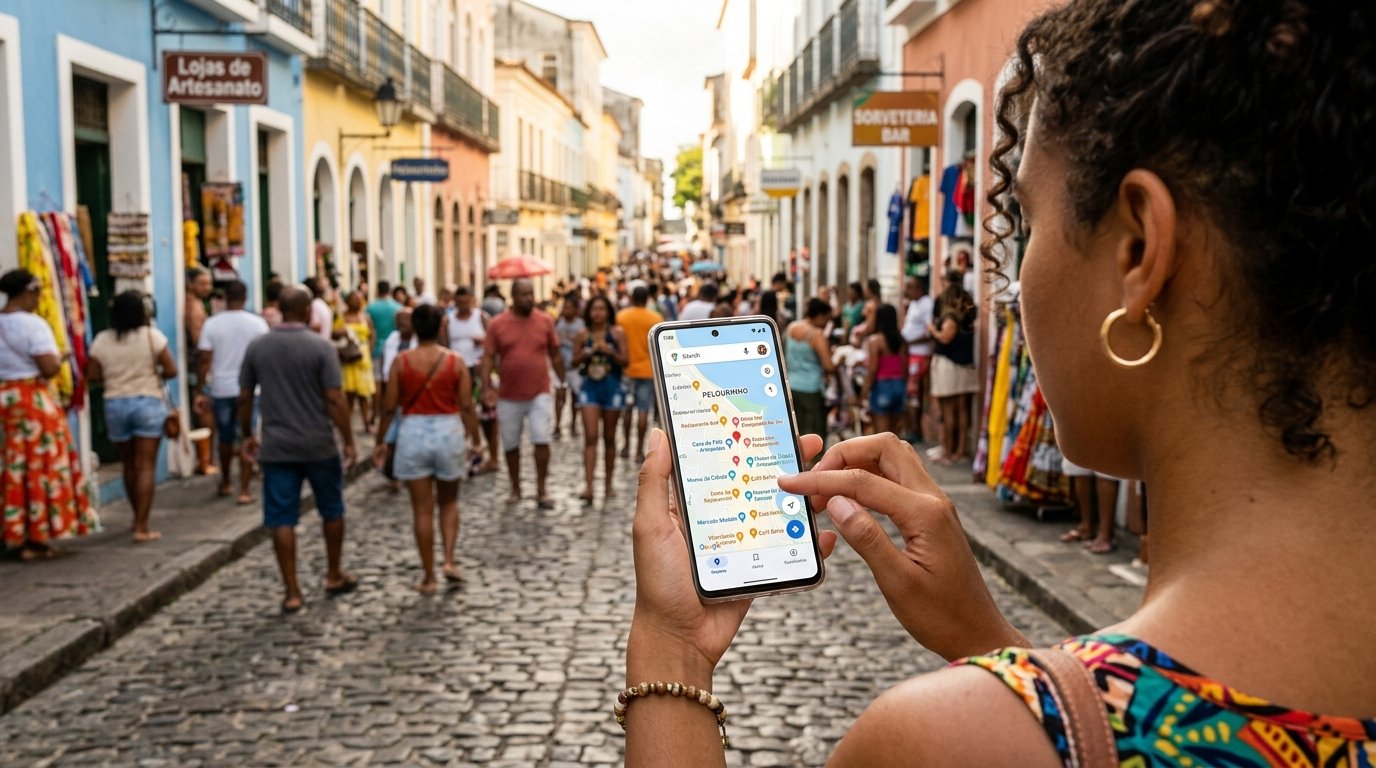 Cliente usando o smartphone para ler avaliações de um negócio local no Google Maps, com uma rua de Salvador ao fundo.