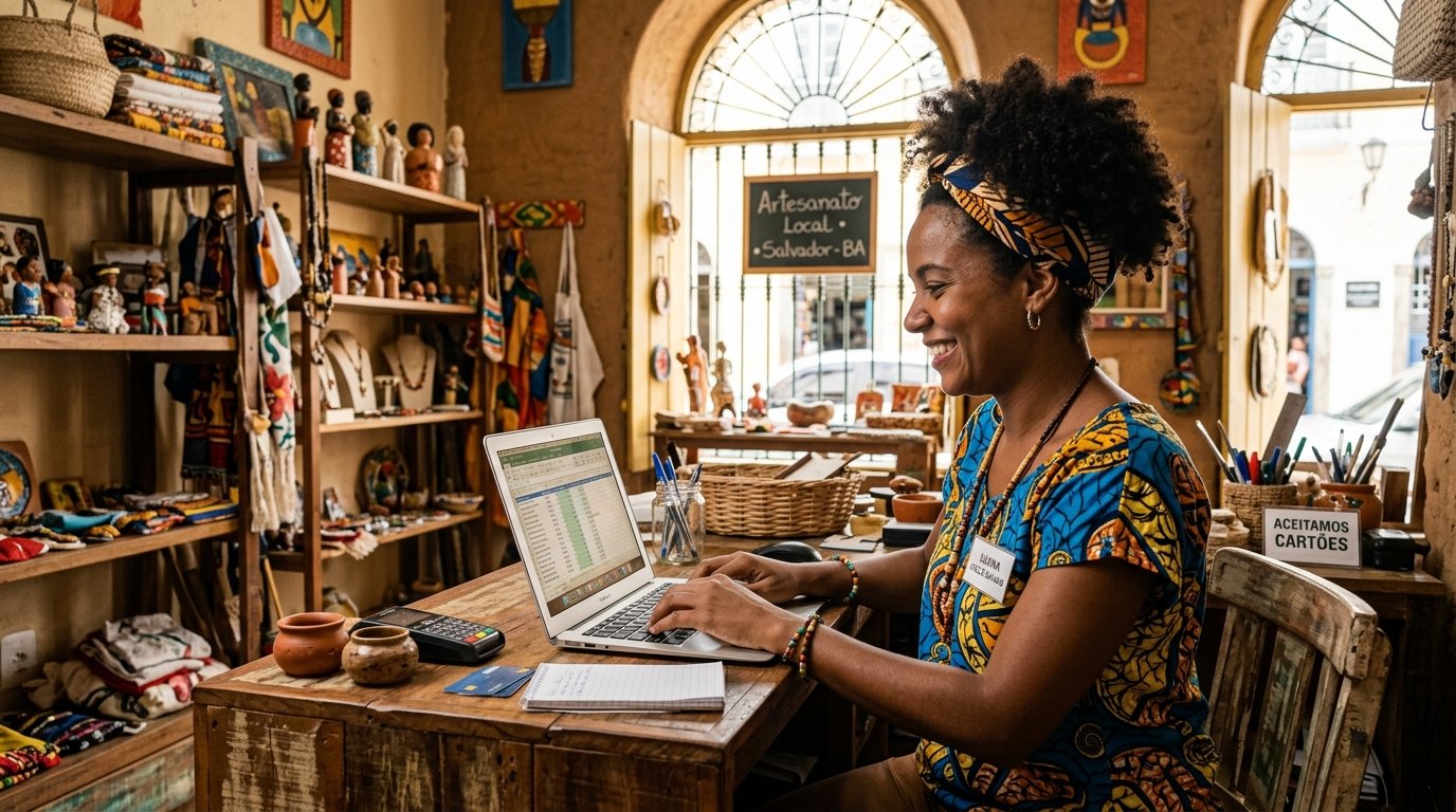 Empreendedora negra sorrindo enquanto atualiza o perfil do Google Meu Negócio no notebook, em uma loja em Salvador.
