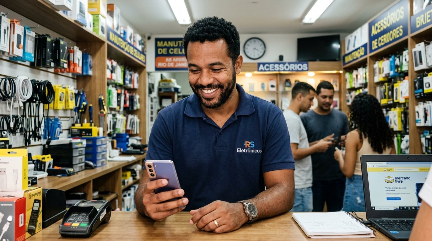 Empreendedor brasileiro utilizando o smartphone dentro da sua loja com clientes ao fundo.