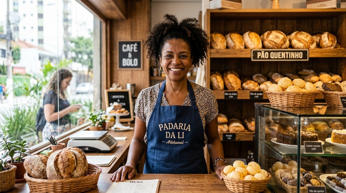 Mulher empreendedora sorrindo atrás do balcão do seu negócio local no Brasil.