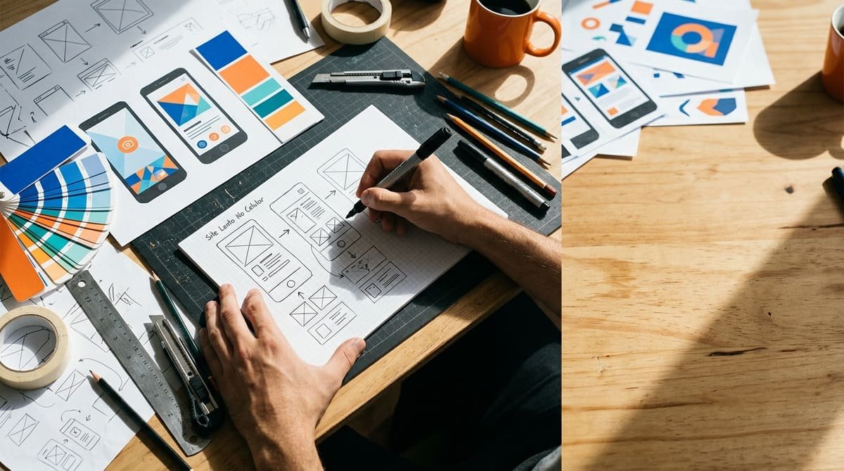 Visão superior de uma mesa com rascunhos de layouts para sites no celular e mãos ajustando o fluxo de navegação com um…