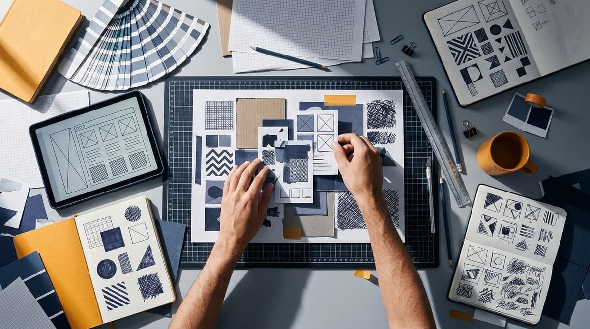Mãos de designer organizam amostras de fontes impressas em uma bancada de trabalho, explorando opções de tipografia para…