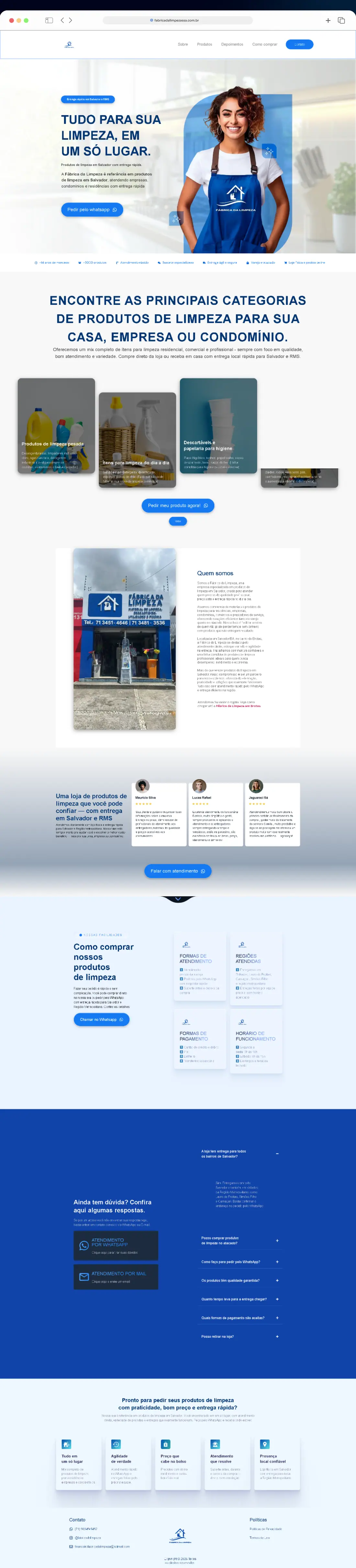 Landing page completa da Fábrica da Limpeza: categorias de produtos, quem somos, depoimentos, como comprar, perguntas frequentes e contato