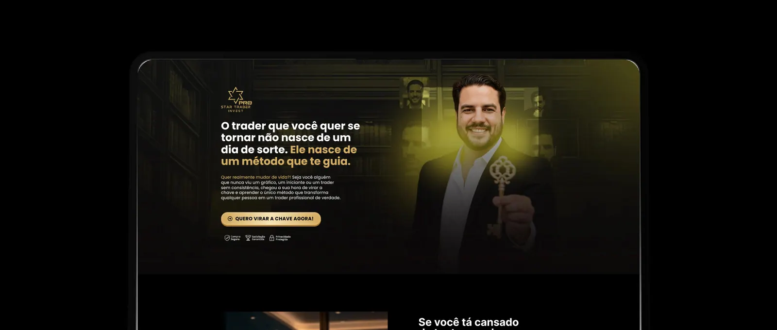 Landing page da Star Trader Invest em um notebook: “O trader que você quer se tornar não nasce de um dia de sorte”