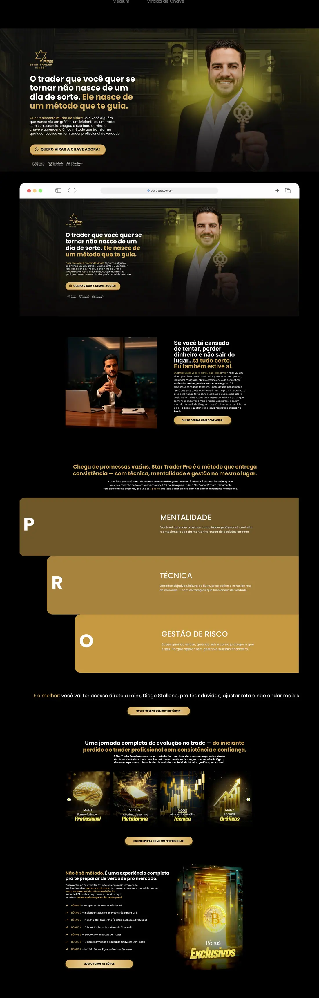 Landing page completa da Star Trader Invest: identificação com a dor, método PRO em três pilares, jornada do aluno, bônus e chamada para ação